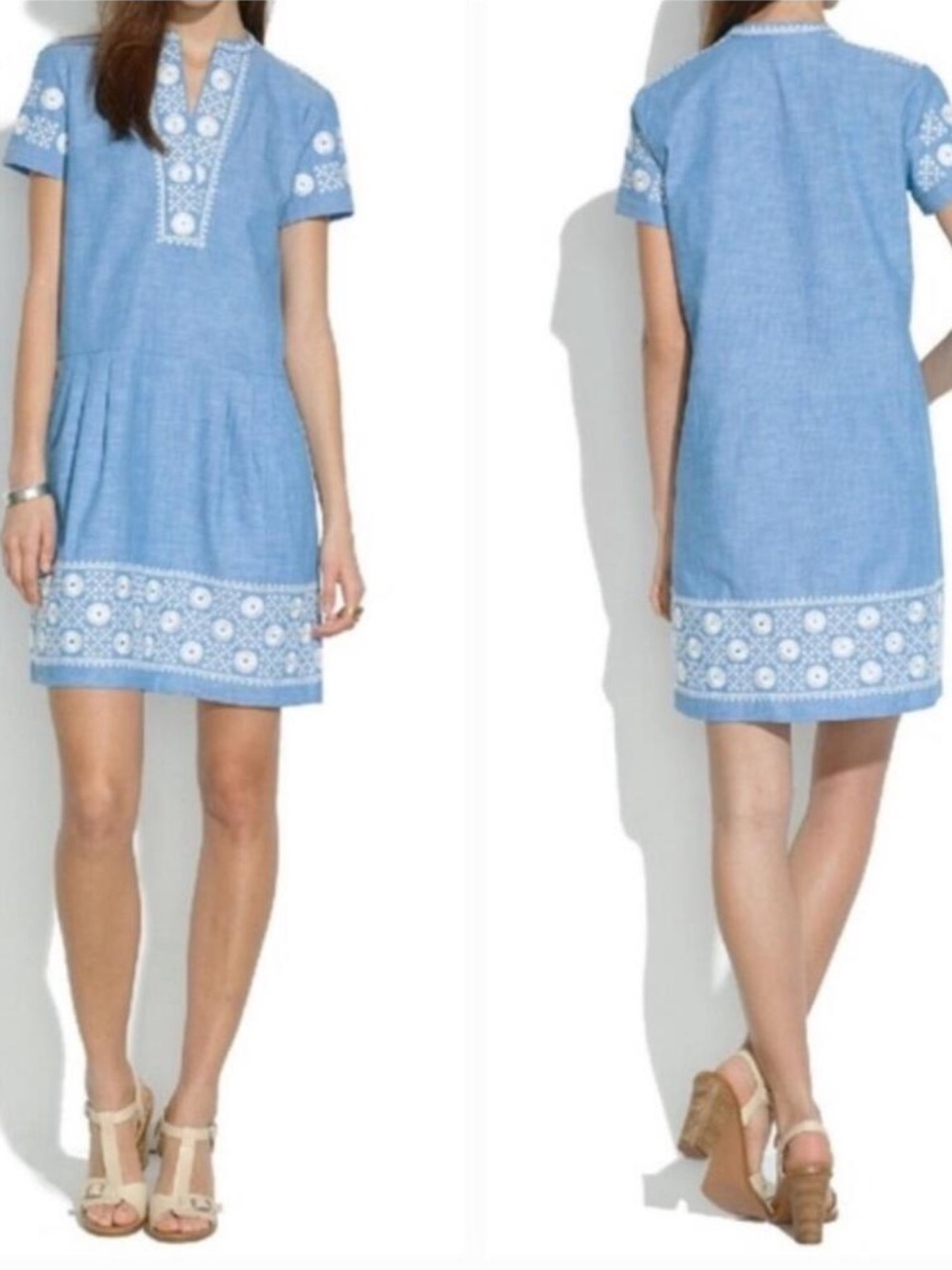 Madewell chambray sunstitch tunic dress M Blue & White Embroidered detail